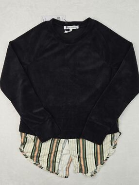 BCBGeneration Black Velour Long Sleeve  Layered Top W/ Triped Hem Size XXS NEW